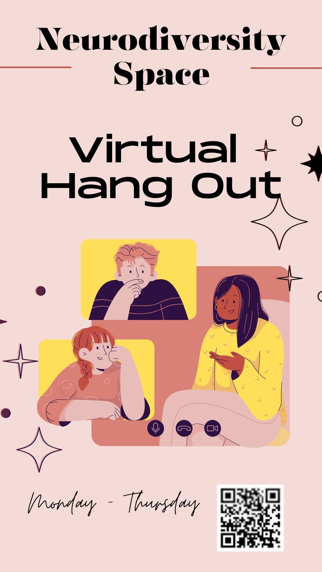 Neurodiversity Space. Virtual  Hang Out. Monday - Thursday. 