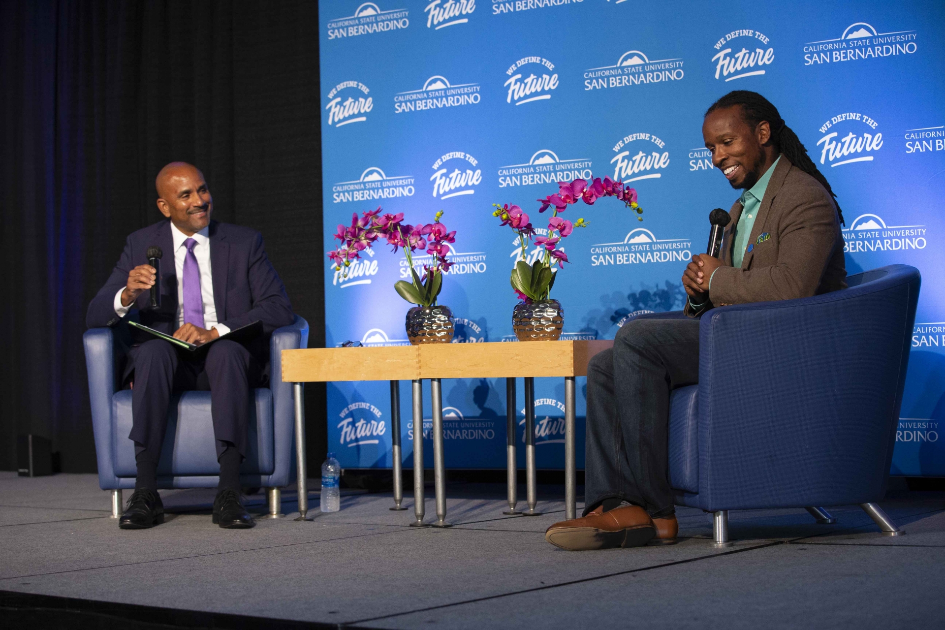Rafik Mohamed, dean of CSUSB's College of Social and Behavioral Sciences, and Ibram X. Kendi during a Q-and-A session.