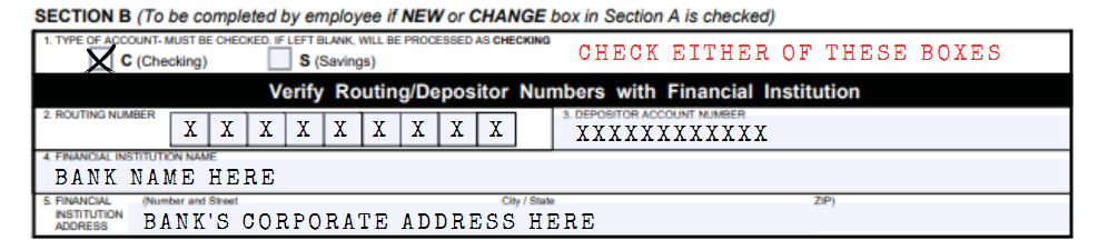 section B on direct deposit form