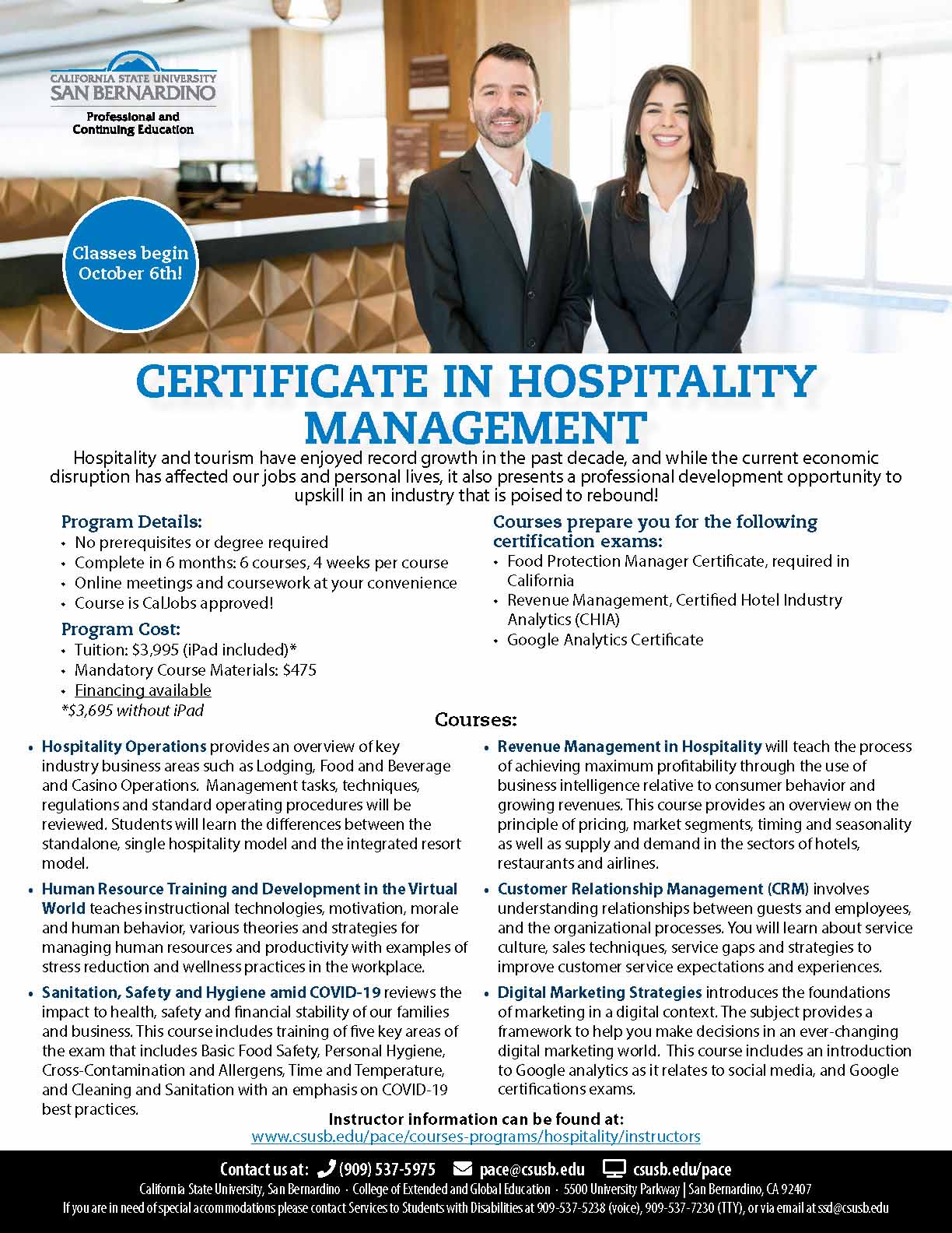 Hospitality Mangement Certificate info flyer