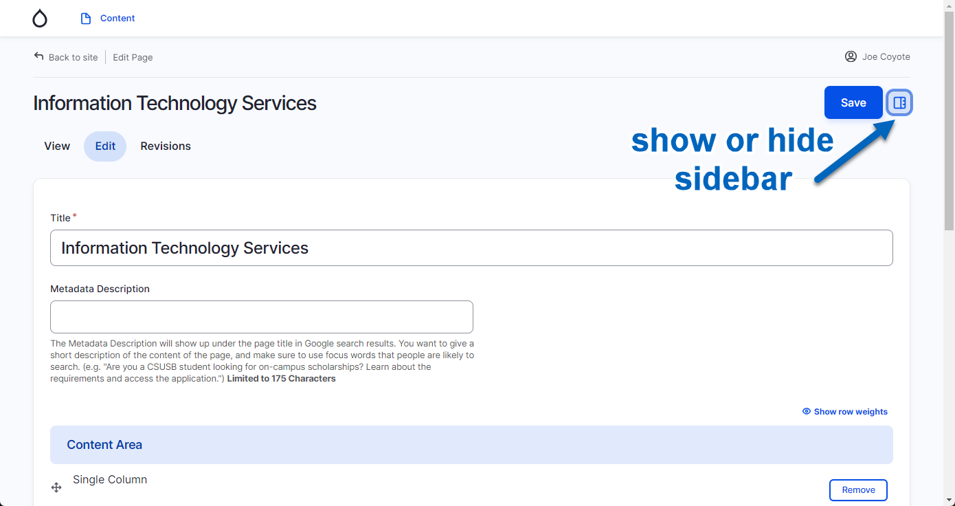 New option to hide sidebar on edit content page