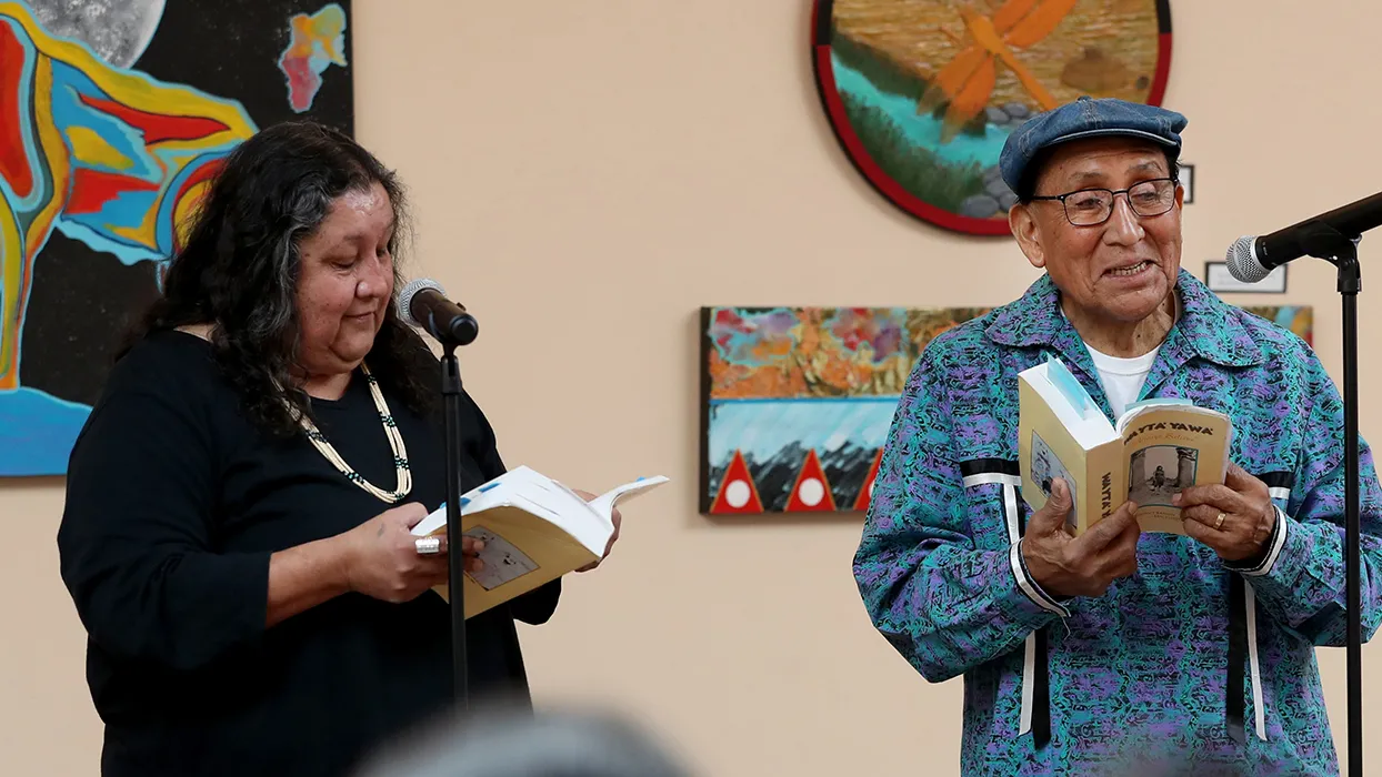 Carolyn Horsman  (left) and Ernest Siva, elder of Morongo Band of Mission Indians, at the annual Native Voices Poetry Festival