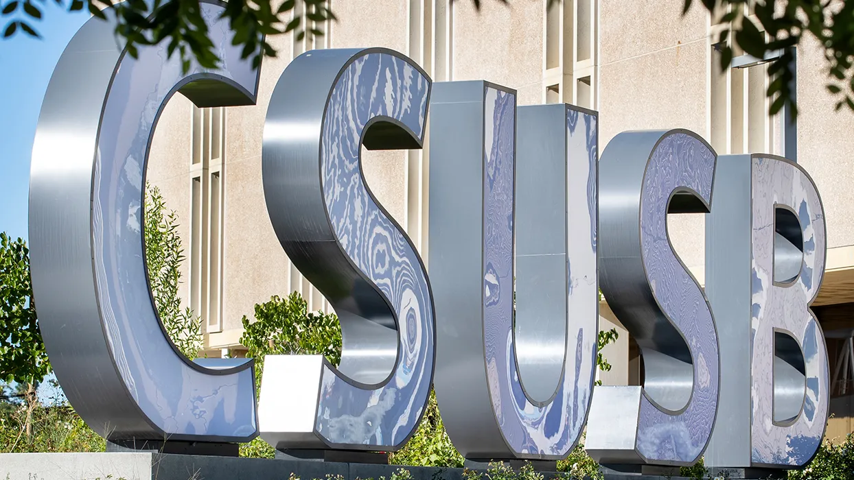 The CSUSB letters on the Cal State San Bernardino campus