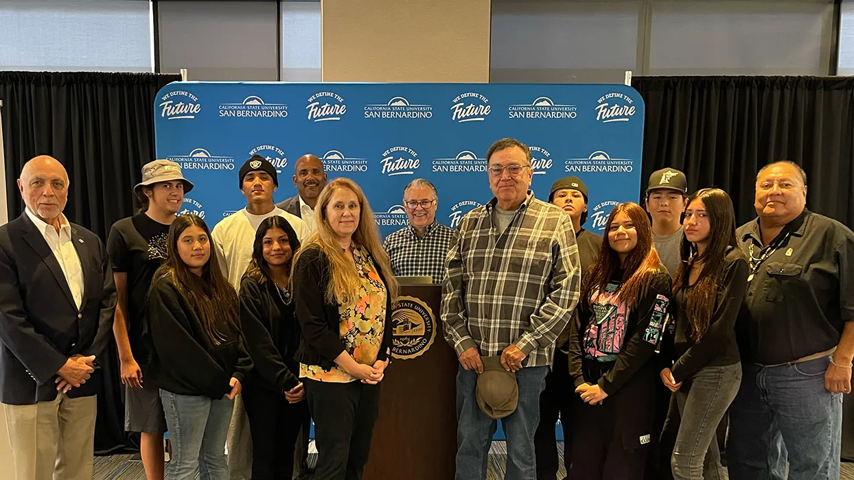 The authors of “The Temecula Massacre” pose with CSUSB students and administrators at the book presentation on Oct. 17.