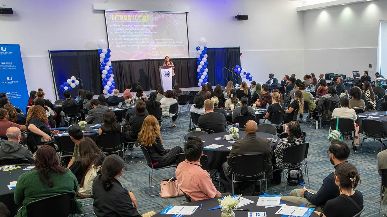 CSUSB alumna Erika Tejeda speaks at the 2024 Celebration of Teaching. The university will host the 2025 Celebration of Teaching on March 20 in the Obershaw Dining Room in the Alumni Center.