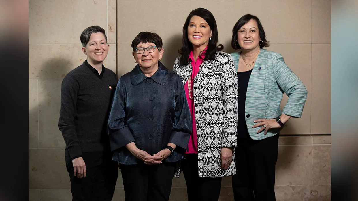 From left to right, Beth A Steffel, CSUSB associate professor of design and chair of the Academic Senate of the California State University; interim CSU Chancellor Jolene Koester; Chair of the CSU Board of Trustees Wenda Fong; and Sylvia A. Alva, CSU executive vice chair for Academic and Student affairs.