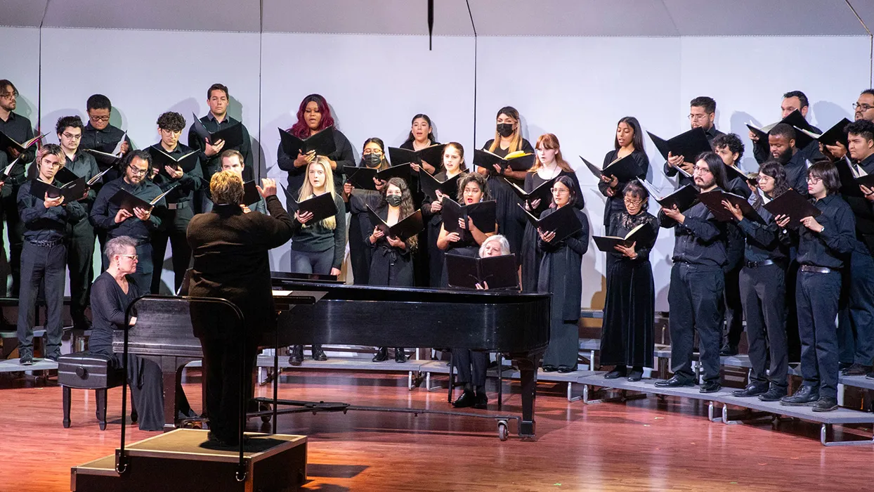 CSUSB Chamber singers prepare for their Dec. 19 performance with the Los Angeles Philharmonic at Walt Disney Concert Hall.