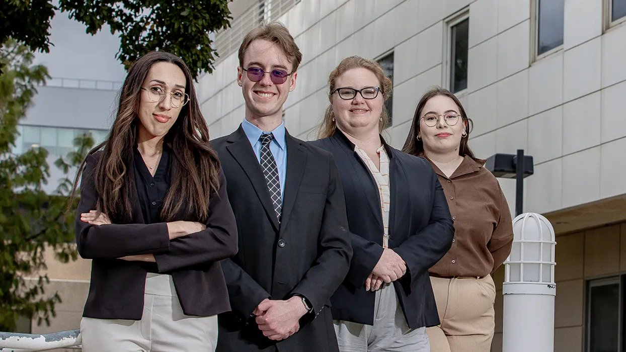 CSUSB cybersecurity CHIRP program students Left to Right: Jason Handen, Abigail Gutierrez Deniz, Darlene Tarin and Aubrie Kendall.