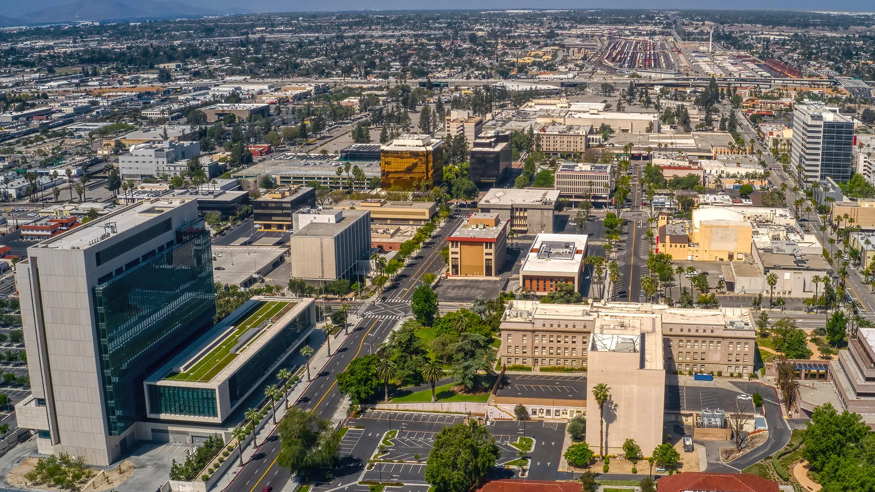 An aerial view of downtown San Bernardino, looking west. 