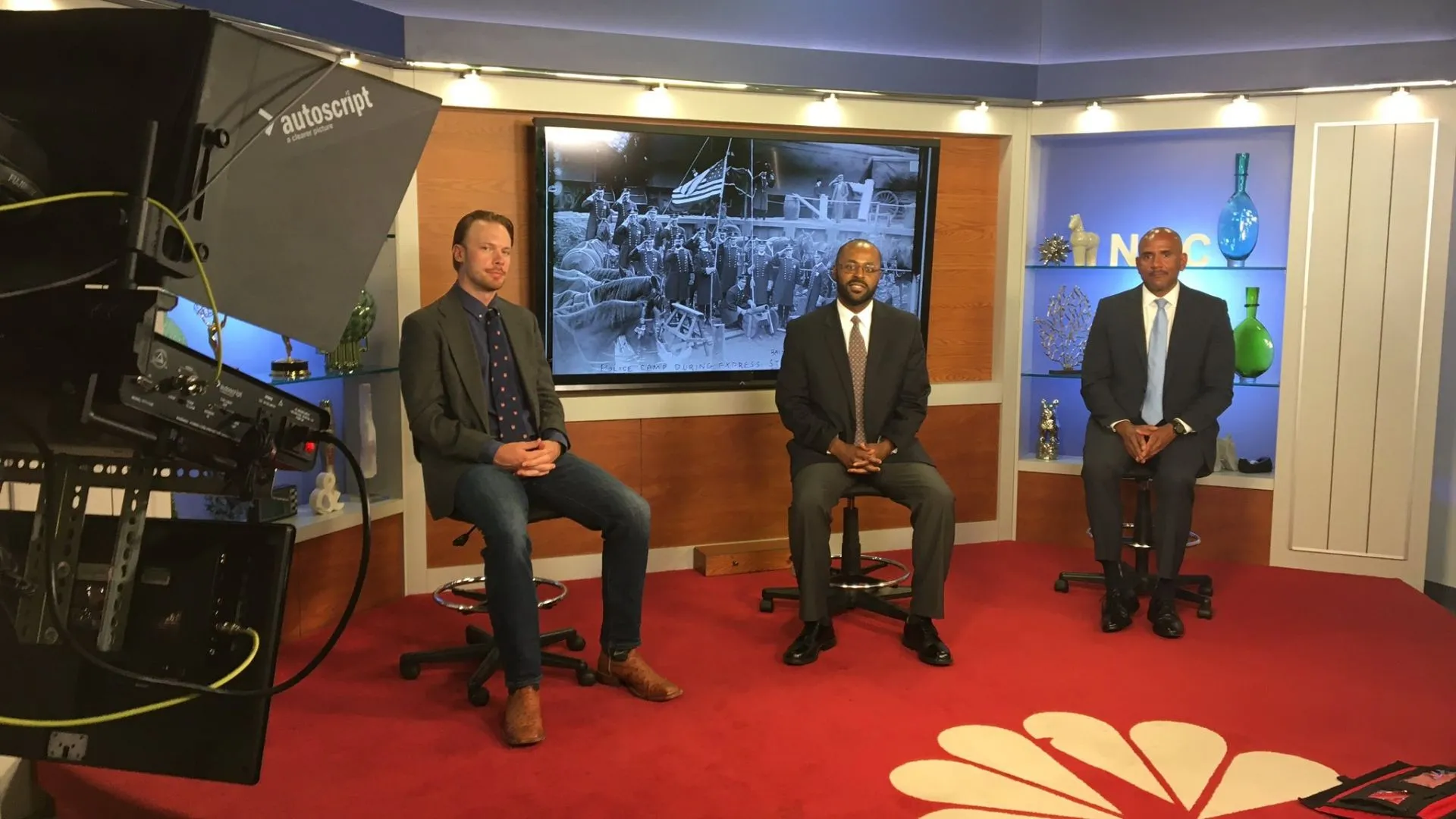 From left, Zachary Powell, Marc Robinson and Rafik Mohamed  on the set at NBC Palm Springs. Photo by NBC Palm Springs