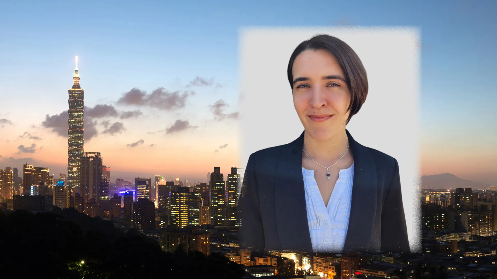 Sarah LaGioia will travel to Taiwan for the 2022-23 academic year on a Fulbright U.S. Student Program award. In the background, the skyline of Taipei, Taiwan.