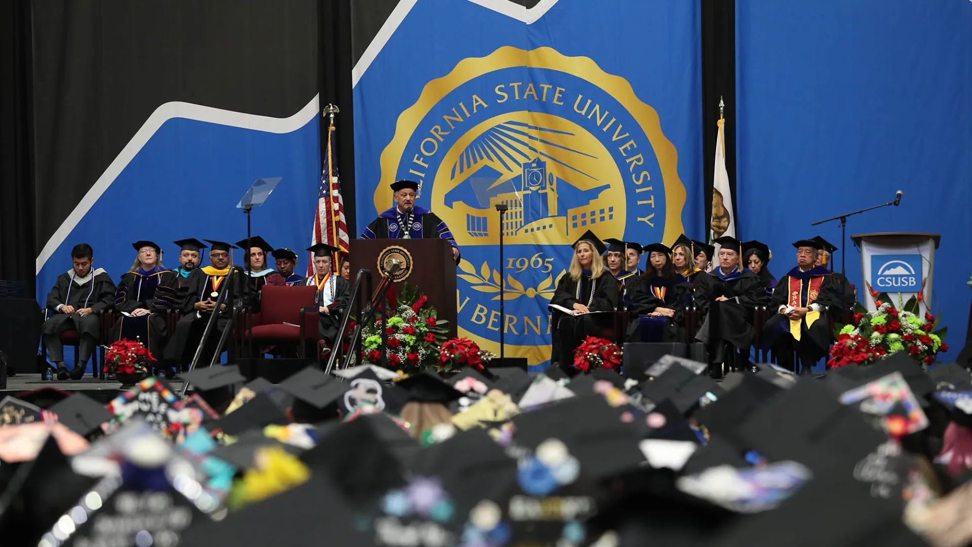 File photo of the platform at a CSUSB commencement.