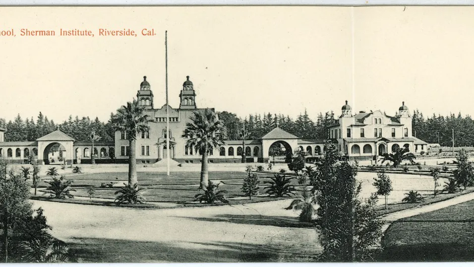 Postcard image, circa 1905, of the Sherman Institute (Sherman Indian School) in Riverside.
