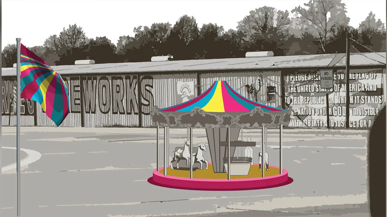 A rendering of a colorful carousel and flag in a black and white setting