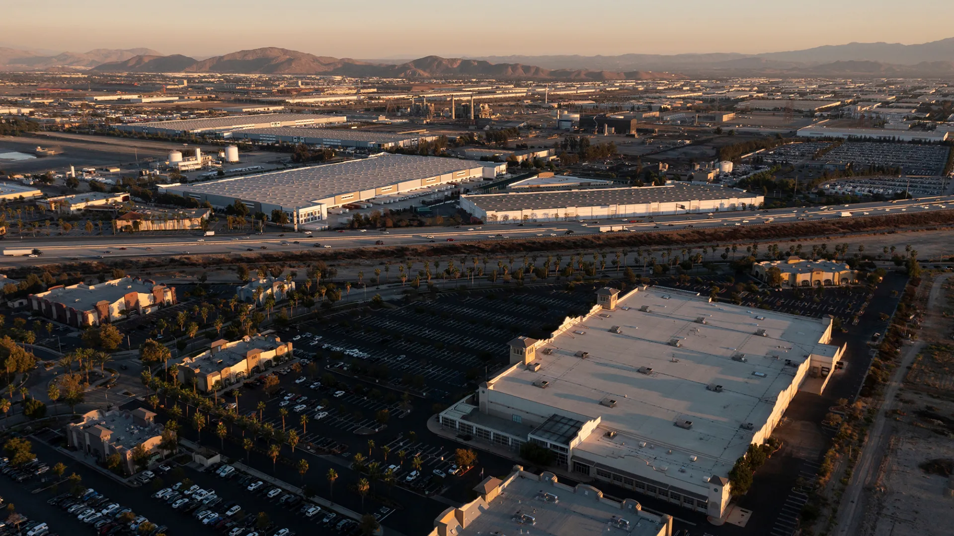 An aerial view of warehouses in Rancho Cucamonga, near Interstate 15.