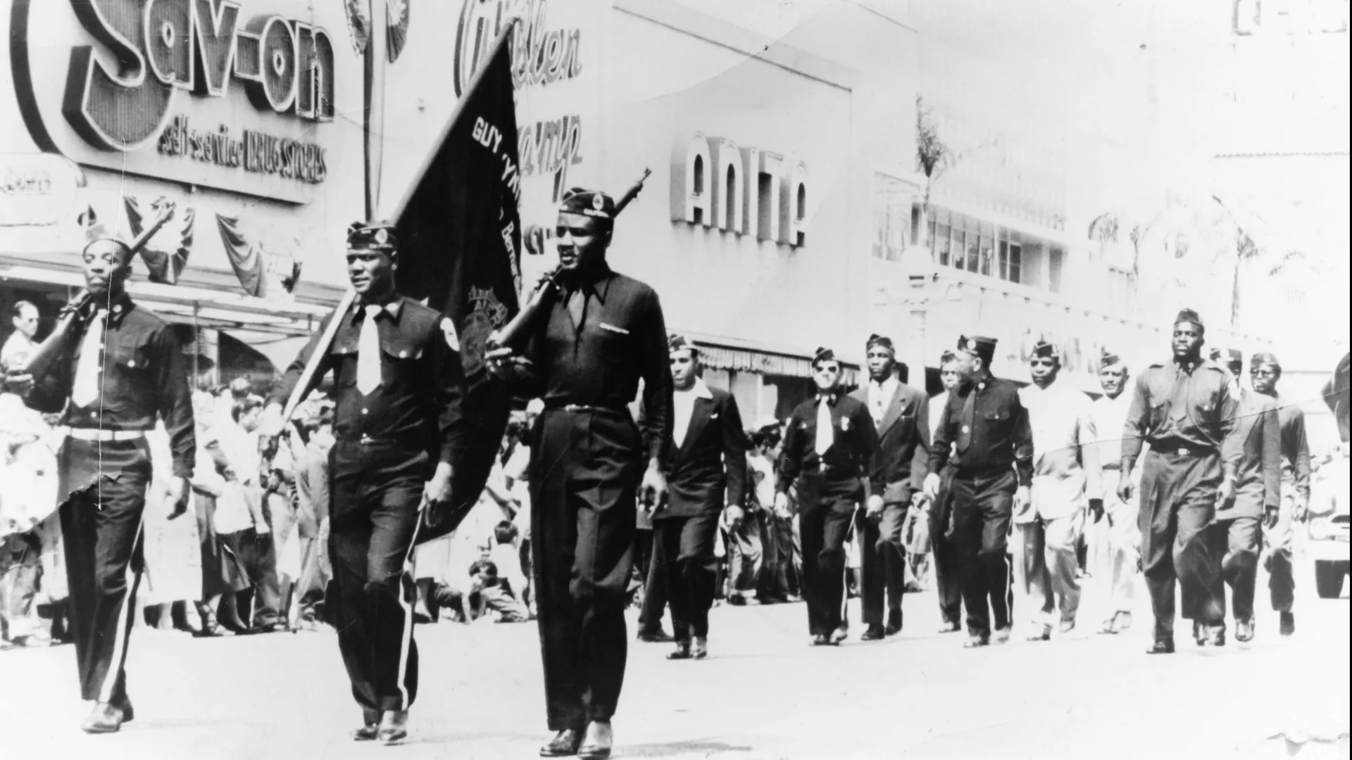 American Legion Post No. 710 Drill Team at Court & E Streets in Downtown SB. 1948. Photo by Henry Hooks, courtesy of San Bernardino County Museum.