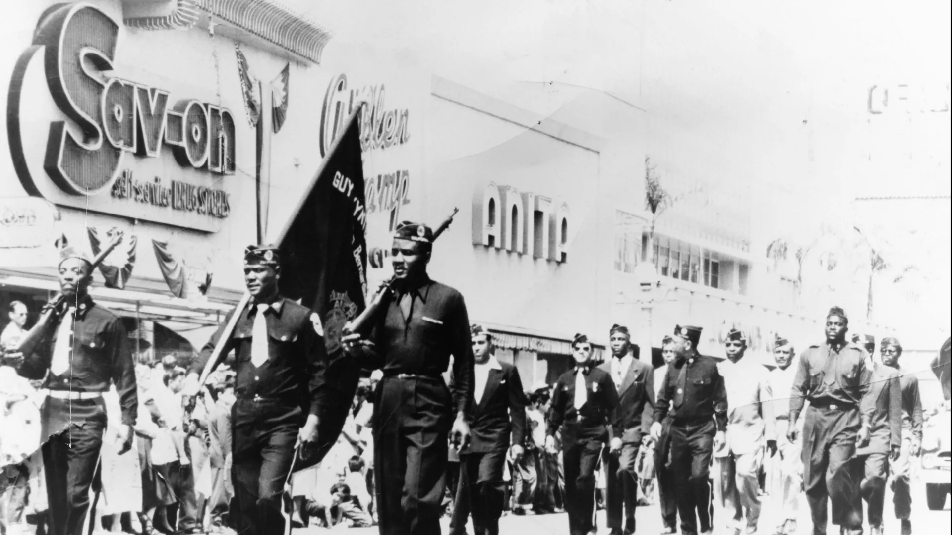 American Legion Post No. 710 Drill Team at Court & E Streets in Downtown San Bernardino, 1948. Photo by Henry Hooks, courtesy of San Bernardino County Museum