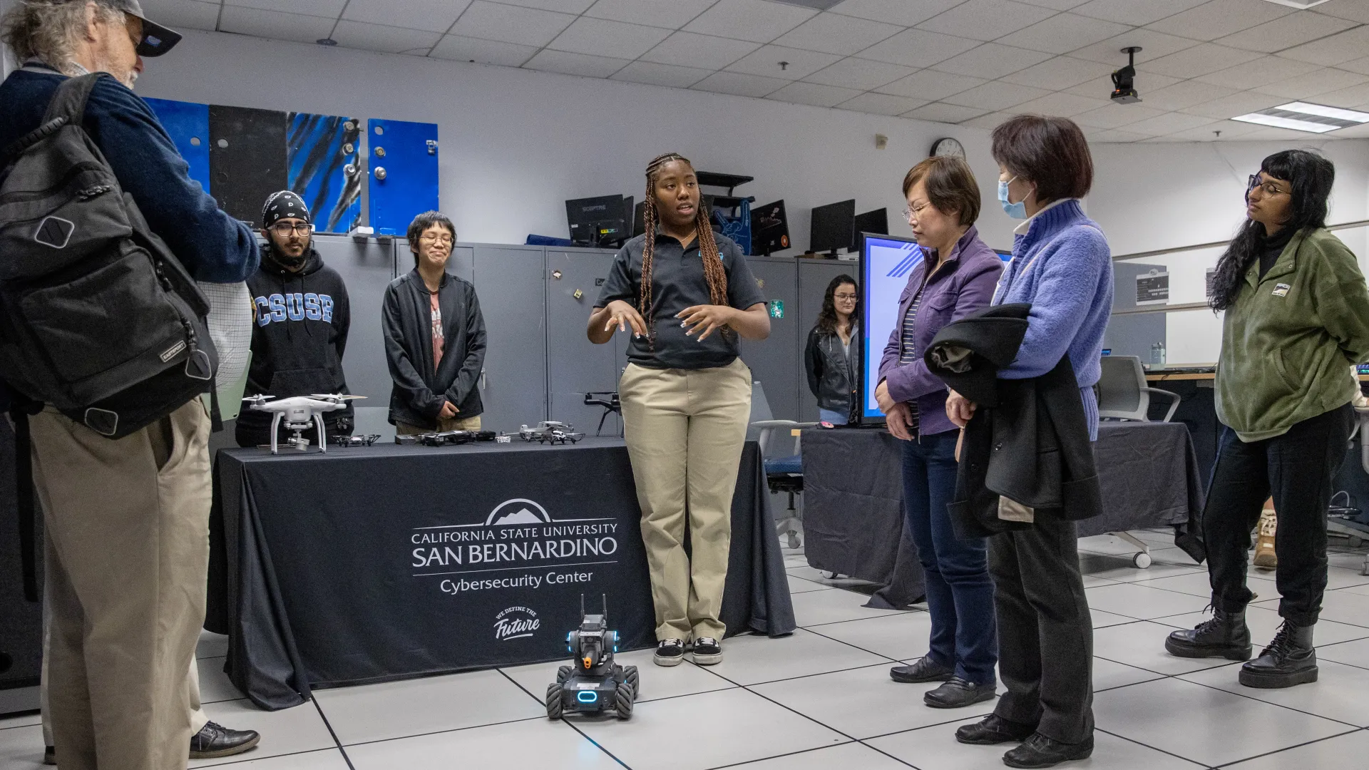 A CSUSB cybersecurity student leads a demonstration in the Cybersecurity Center. CSUSB is leading a pilot partnership with Fresno State and San Jose State named Work Force Innovation Technology Hubs Cyber – better known as WITH Cyber.