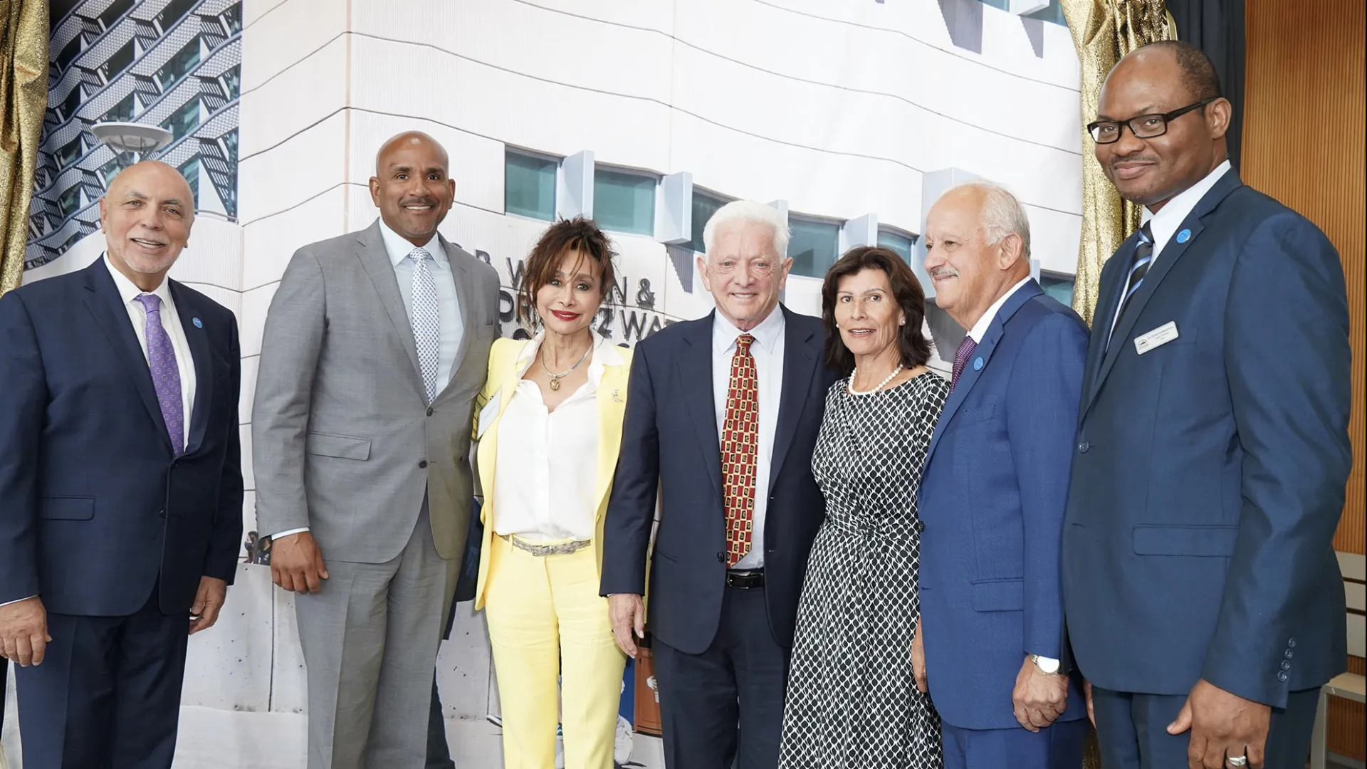 From left: Robert Nava, CSUSB vice president of University Advancement; Rafik Mohamed, interim provost and vice president of Academic Affairs; Judy Rodriguez Watson; James R. Watson; Evy Morales; CSUSB President Tomás D. Morales; and Chinaka DomNwachukwu, dean, Watson College of Education.