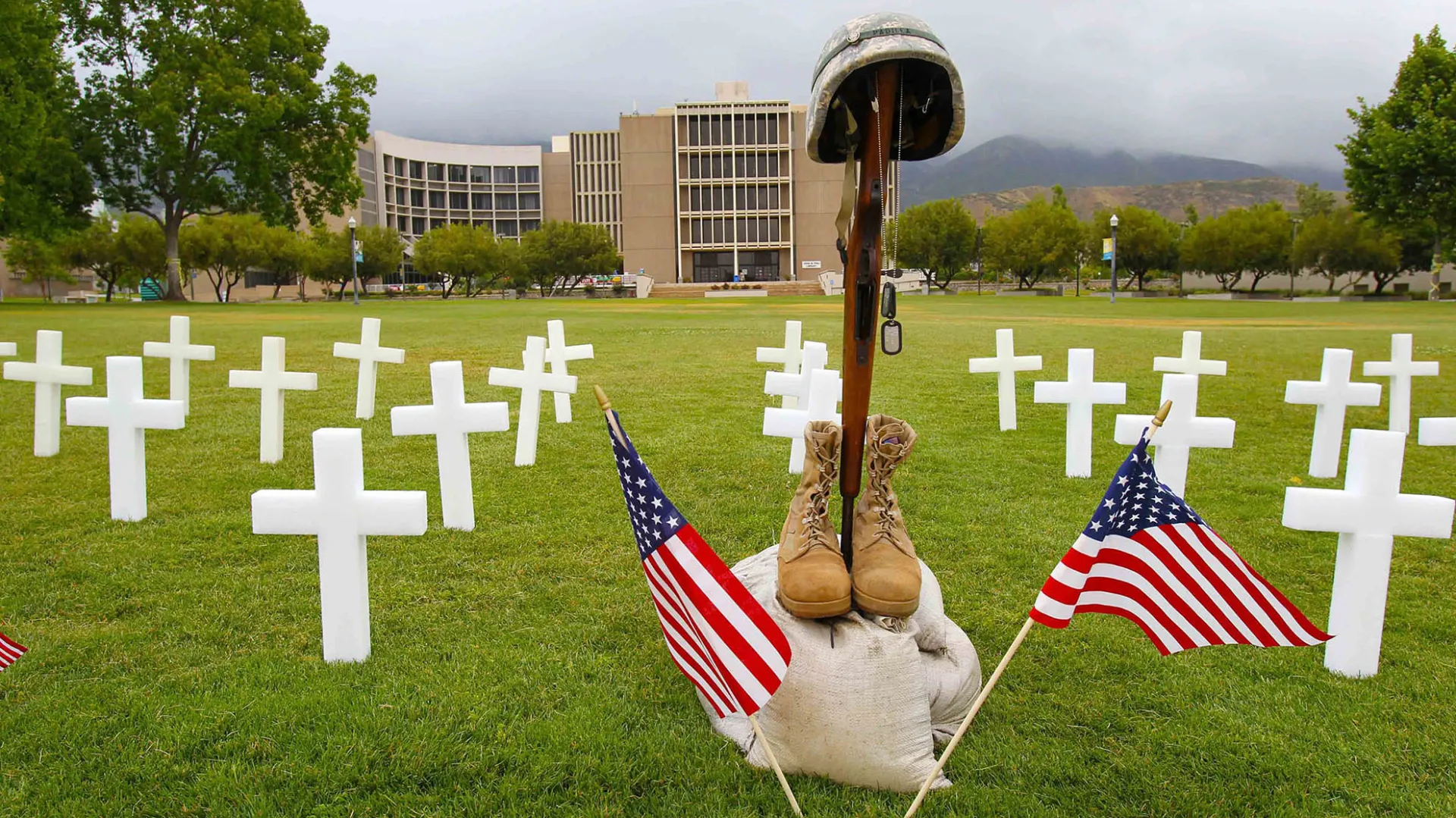 Memorial Day display on the Pfau Library lawn.
