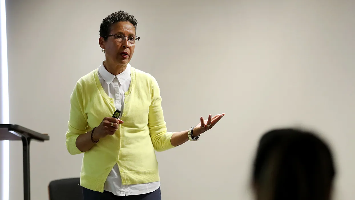 Mary Texeira, CSUSB sociology professor, brought attention to intersectionality and the overwhelming issues of sexual harassment at the Yotie Talks 