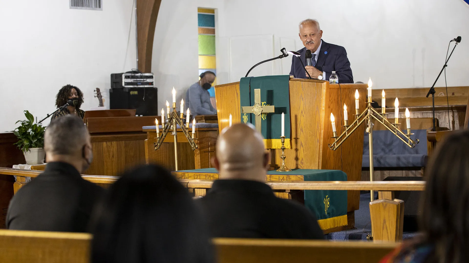 University President Tomás D. Morales speaks at the 2022 Super Sunday event at St. Paul African Methodist Episcopal Church in San Bernardino.