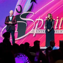 Mike Stull, director of IECE and CSUSB’s School of Entrepreneurship (left), and Stacey Allis, assistant director of IECE, host the Nov. 22 Spirit of the Entrepreneur Awards Gala at Riverside Convention Center. 