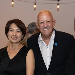 From left, Bomi Hwang, exhibit manager and lecturer of World Languages and Literatures; Hye-kyung Park, exhibit curator, Sookmyung Women’s University Museum in Seoul, South Korea; CSUSB President Tomás D. Morales; Hyeran Jung, exhibit curator, Sookmyung Women’s University Museum in Seoul, South Korea