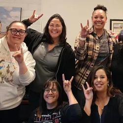 CSUSB concluded its most successful Annual Toy Drive yet, bringing in $7,000-$8,000 worth of toys, which were donated to the nonprofit, Partners Against Violence. Event co-organizers and CSUSB staff, Kirstyn Hansen (front, left) and Marina Kamel (front, right) pose with CSUSB MBA alumna and supporter of the drive, Rochelle Reynoldson (back, center) and staff from Partners Against Violence.