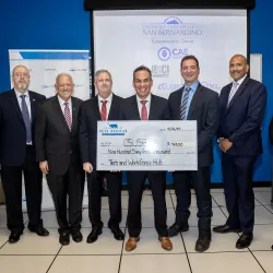 From left: Tomás Gómez-Arias, dean of the Jack H. Brown College of Business and Public Administration; Tomás D. Morales, CSUSB president; Tony Coulson, executive director of the CSUSB Cybersecurity Center; U.S. Rep. Pete Aguilar, D-San Bernardino; Vincent Nestler, director of the CSUSB Cybersecurity Center; Rafik Mohamed, provost and vice president of Academic Affairs; Sam Sudhakar, chief financial officer and vice president, Finance, Technology and Operations.