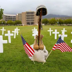 A Memorial Day display in front of the John M. Pfau Library. The university will be closed on Monday, May 27, in observance of Memorial Day.