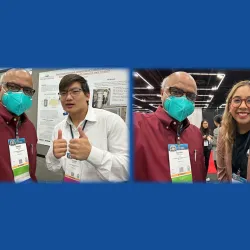 Sastry Pantula, dean of CSUSB’s College of Natural Sciences, with student Joseph Godinez (left photo) and Tania Gonzales at the 2023 National Diversity in STEM Conference held by SACNAS (Society for Advancement of Chicanos/Hispanics and Native Americans in Science). 