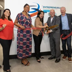 From left, Ben Reynoso, San Bernardino City Councilmember; Silva Harapetian, Propect Group, Studio D; Kimberly Calvin, San Bernardino City Councilmember; Helen Tran, San Bernardino mayor; Tomás D. Morales, CSUSB president; Mike Stull, director of the Inland Empire Center for Entrepreneurship and the CSUSB School of Entrepreneurship.