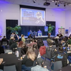 CSUSB students in the SMSU North listening to Terrence Floyd