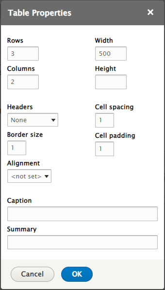 Drupal table properties window