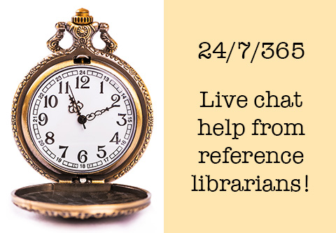 An antique pocket watch is open; it is 10 minutes after 11.  24/7/365 Live chat help from reference librarians!