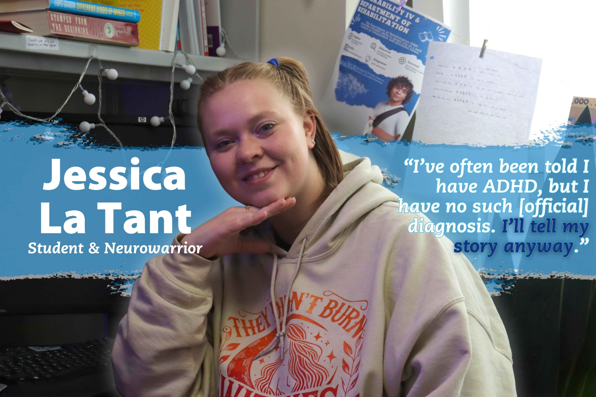 Jessica La Tant, student and intern, in The Cog for her shift. Text reads “I’ve often been told I have ADHD, but I have no such (official) diagnosis. I’ll tell my story anyway”