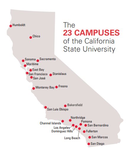 Picture of California listing all CSU campus locations