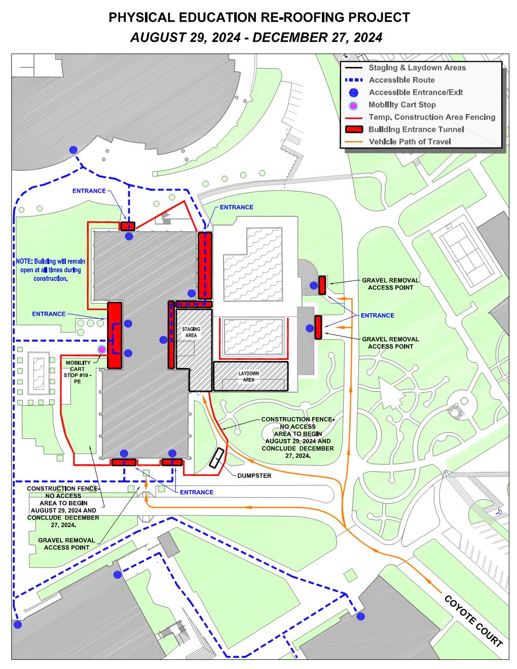 Campus map depicting construction fence areas related to the Physical Education Building Solar Panel Removal and Roof Replacement project. 