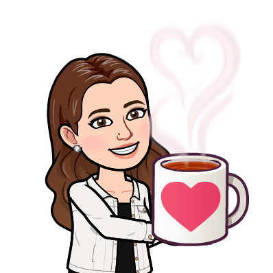 Animated image of a woman with brown wavy hair wearing a black undershirt and a white cardigan while holding a giant cup of coffee with a heart stamp.