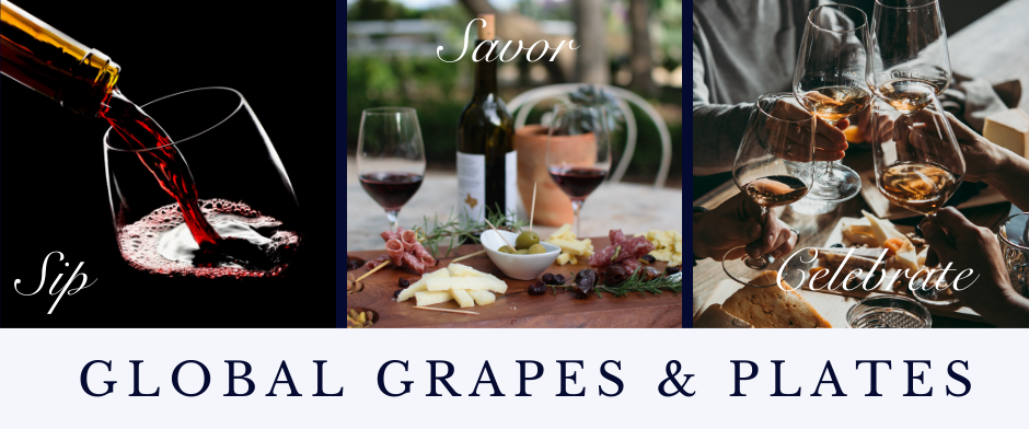 Gobal Grapes and Plates. Image of grapes, wine and appetizers.