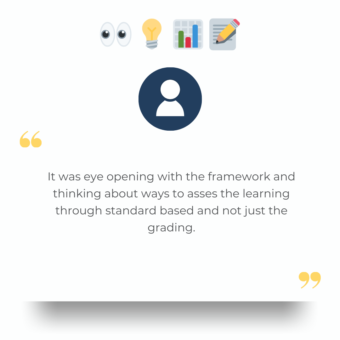 It was eye opening with the framework and thinking about ways to asses the learning through standard based and not just the grading.