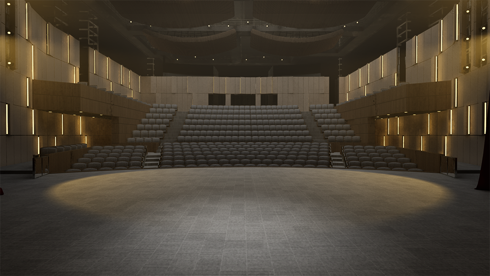 A spacious, modern theater with tiered seating, warm lighting, and acoustic paneling designed for an immersive performance experience.