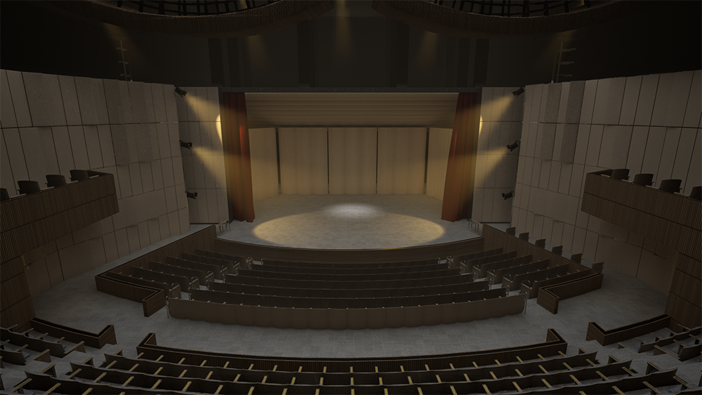 A modern theater interior with tiered seating, a spotlighted stage framed by red curtains, and warm, inviting lighting.