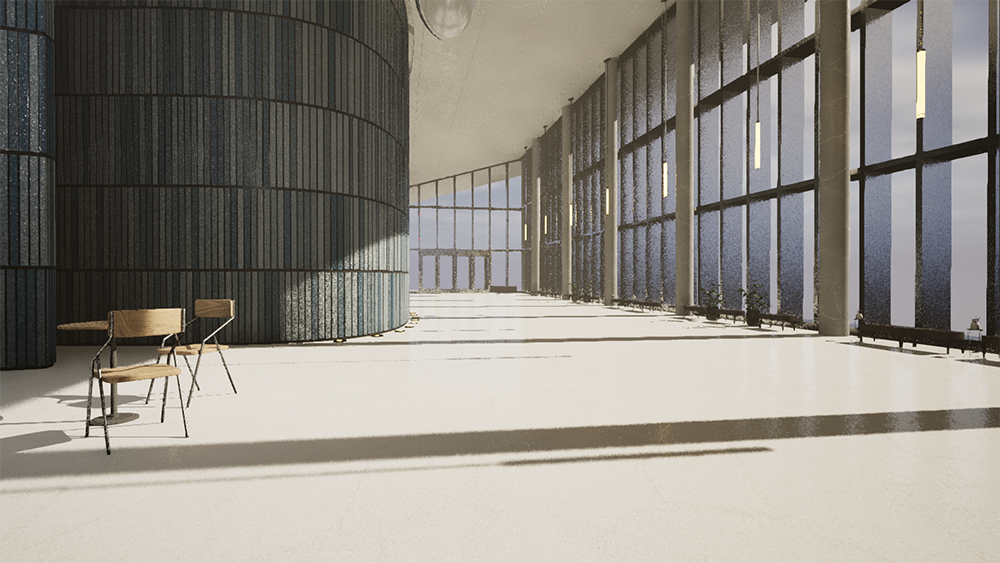 A spacious, sunlit hallway with tall glass windows, textured curved walls, and minimalist wooden chairs and tables.