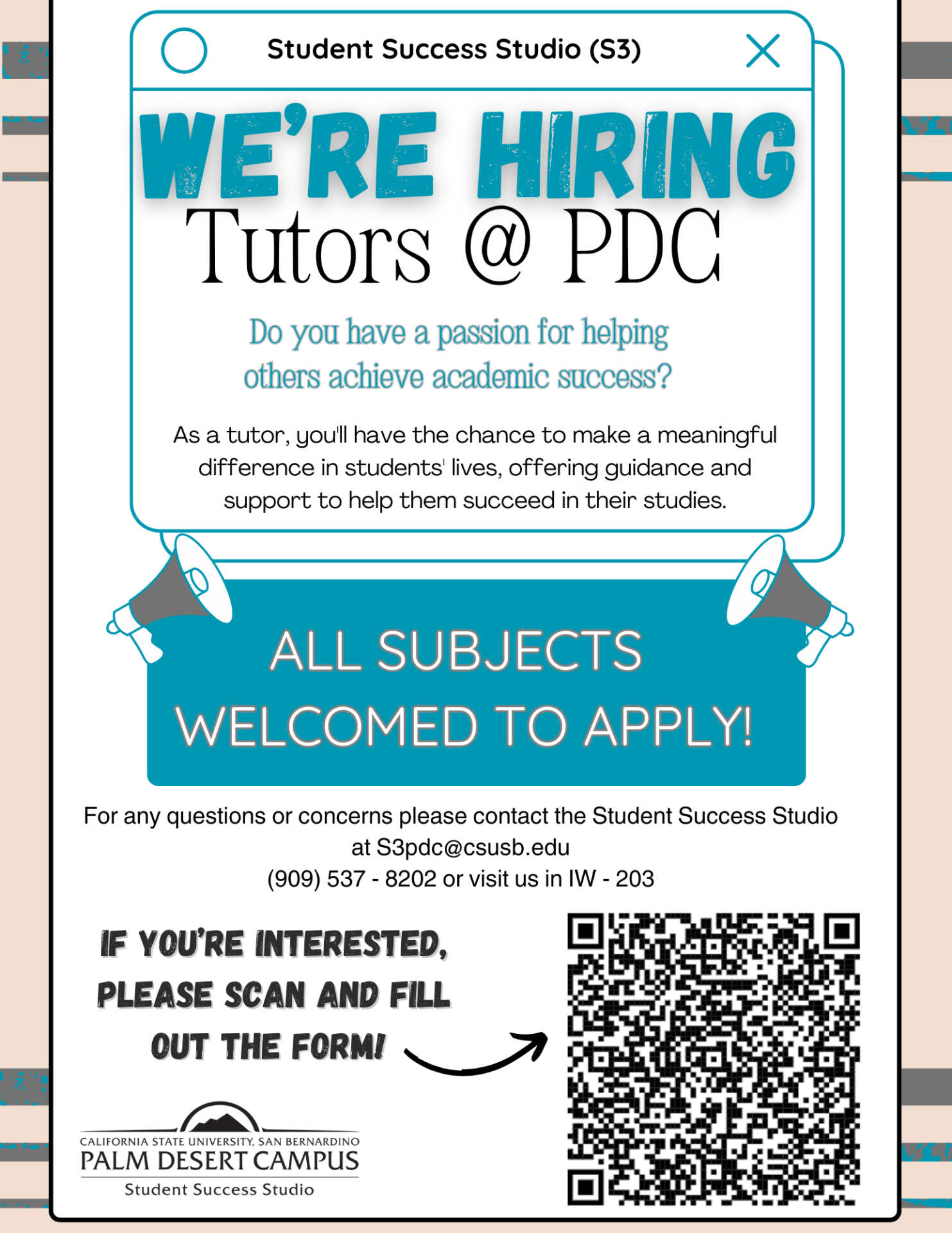 Tutor hiring flyer for S3 at PDC Spring 2025 semester.