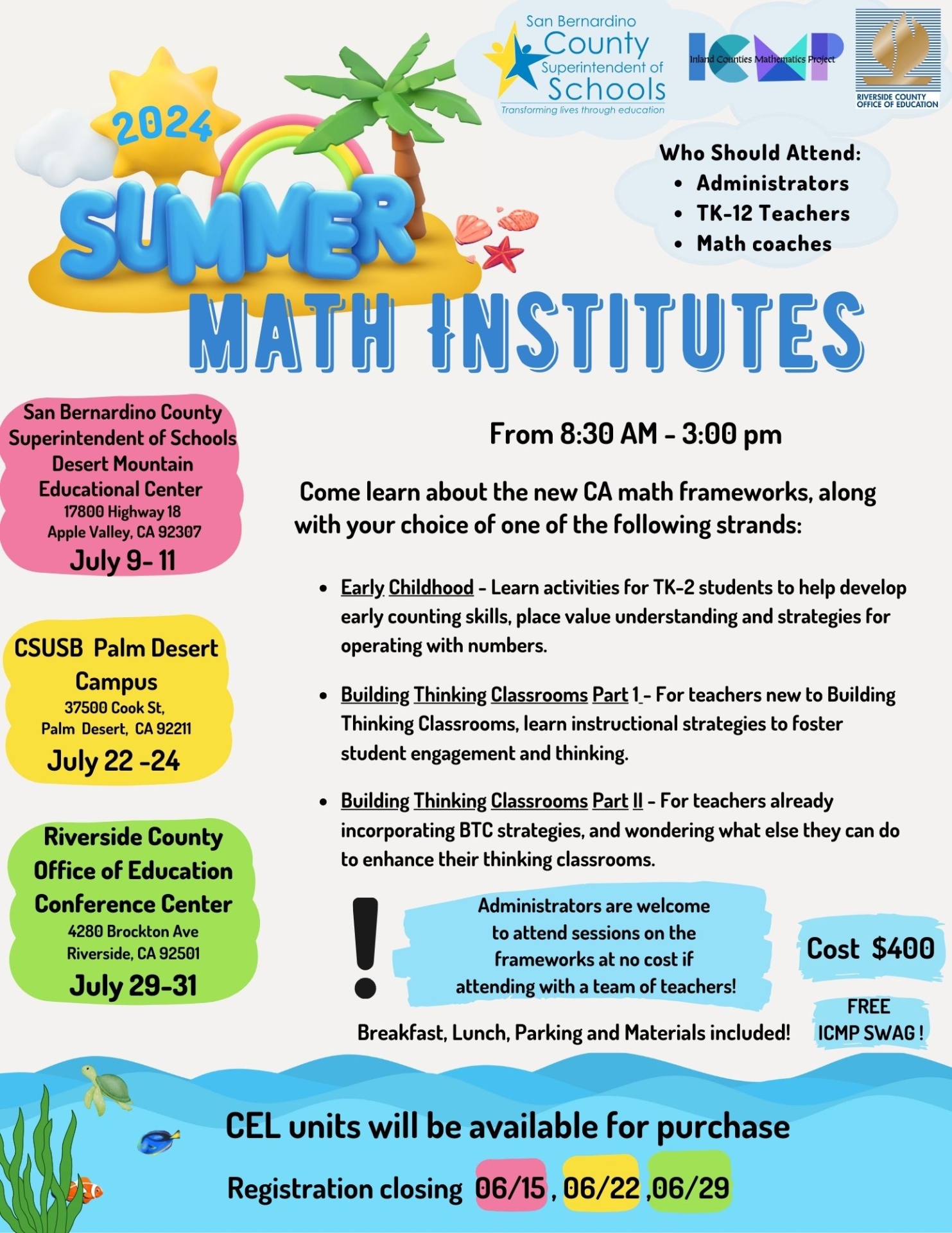 A description of the information for our summer institute.  Each day from 8:30 am to 3:00 pm. Event Description: This institute will explore teaching practices that support the development of student thinking in the math classroom Payment: $400 to cover parking, materials, refreshments, and lunch. Credit: 2 Math Units of College of Extended Global Education Credits are available for an additional cost. Registration Link: https://forms.gle/EbTKGVW9yCiJnjy4A