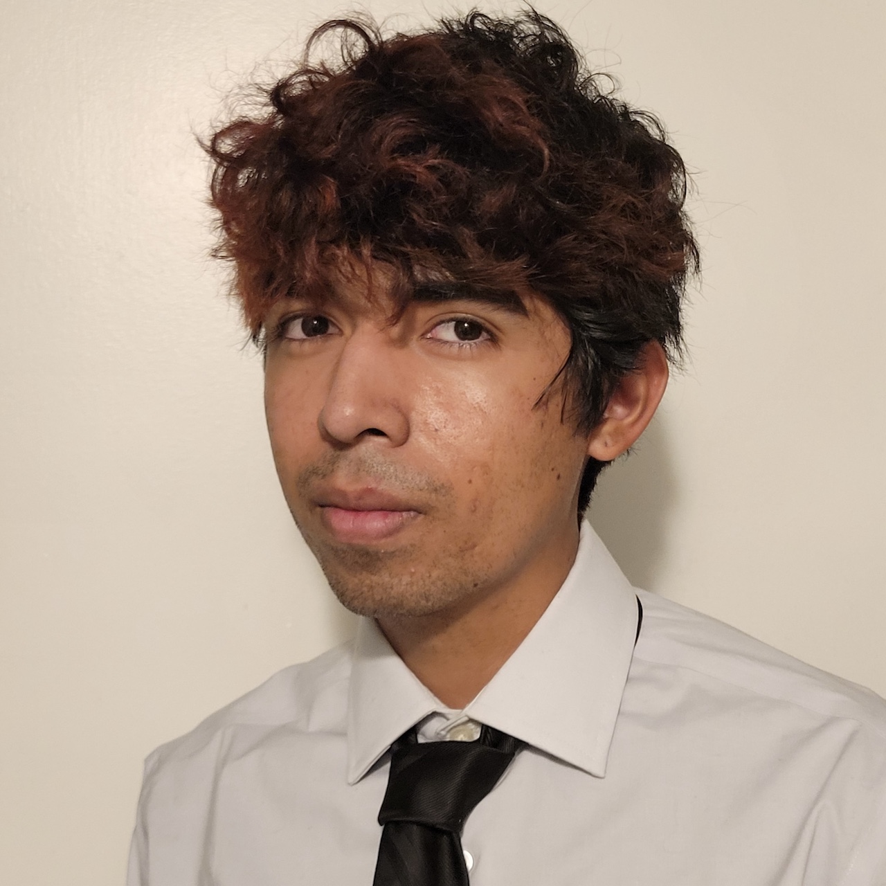 Jorge is smiling at the camera. Jorge has red colored hair with dark eyes. Jorge is wearing a white button up with a black tie.