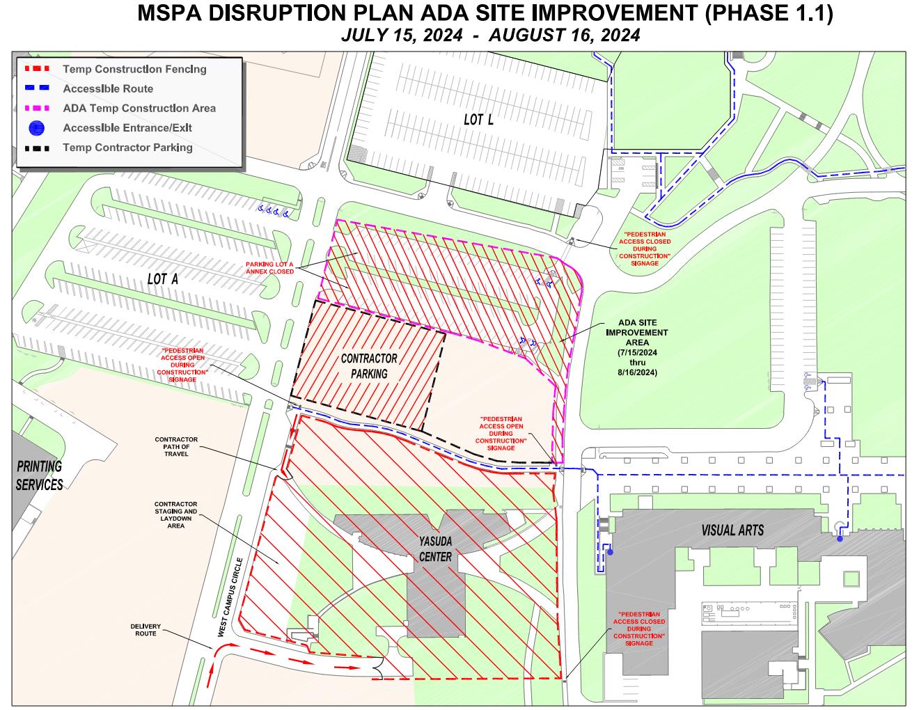 CSUSB map depicting construction disruptions related to the Master of Science in Physician Assistant Yasuda Center renovation project. 