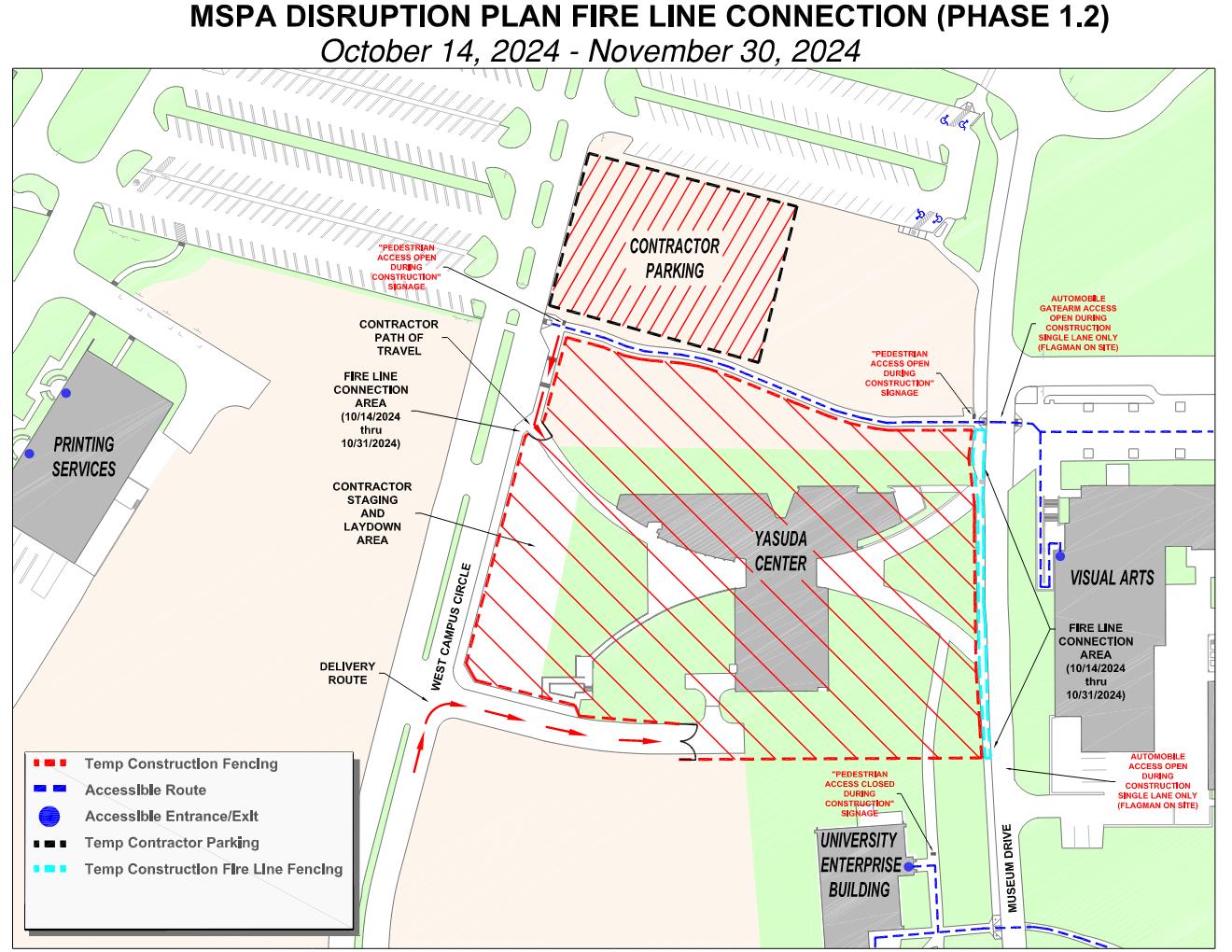 CSUSB map depicting construction disruptions related to the Master of Science in Physician Assistant Yasuda Center renovation project. 